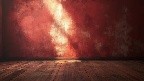 Sunlit scarlet wall and wooden floor in quiet minimal stage.