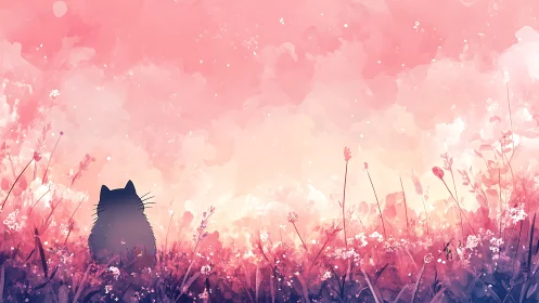 Silhouette cat watches pink sunrise over wildflower field.