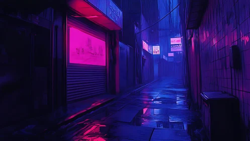 Neon-lit cyber alleyway glows in rain-soaked midnight blue.