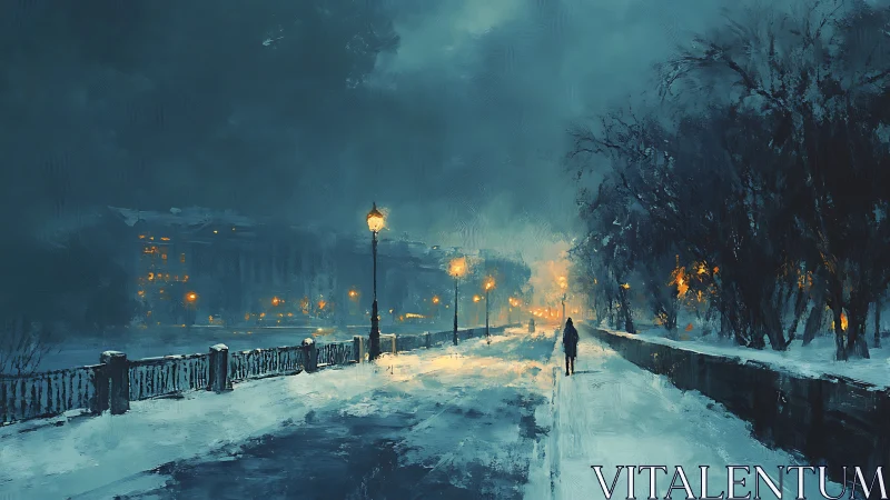 Snowy riverside promenade under moody winter lamplight.