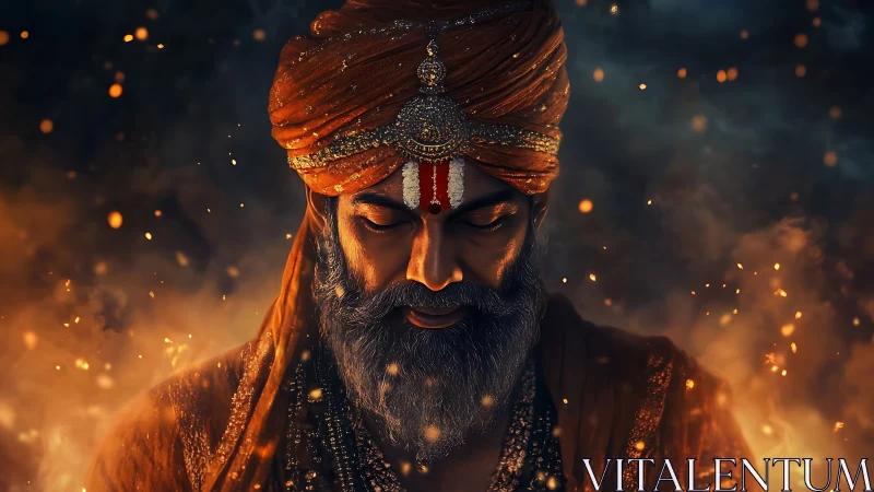 Meditating turbaned elder framed by glowing embers.