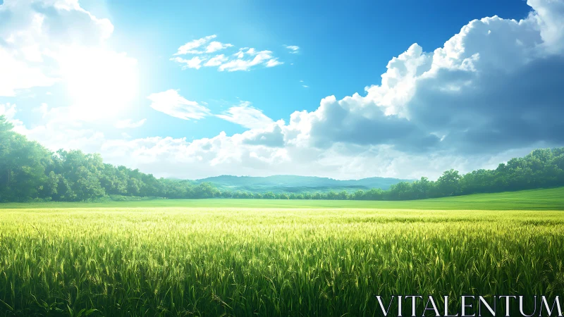 Sunlit green field extends toward distant tree line and hills