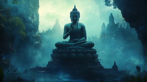 Serene Buddha statue resting in a misty emerald temple valley.