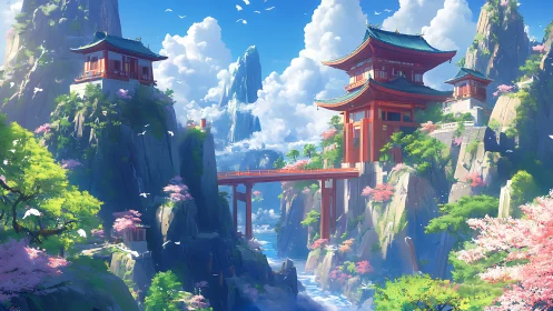 Mountain temples rise above misty cliffs in radiant spring light