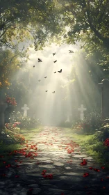Stone path through cemetery under sunlit forest canopy.