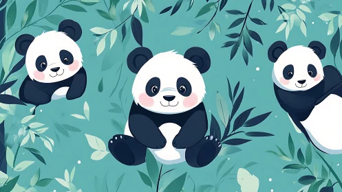 Illustrated panda figures arranged among stylized foliage.