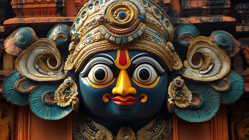 Ornate traditional mask sculpture with symmetrical detailing.