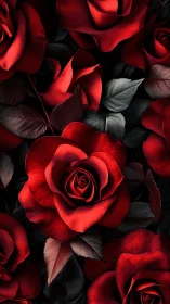 Vivid crimson roses arranged against black background.