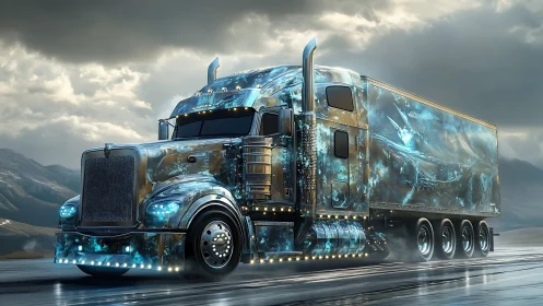 Photorealistic chrome semi truck with luminous ice-blue wrap design.
