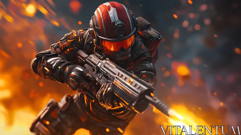 Armored striker dives through firestorms in molten focus