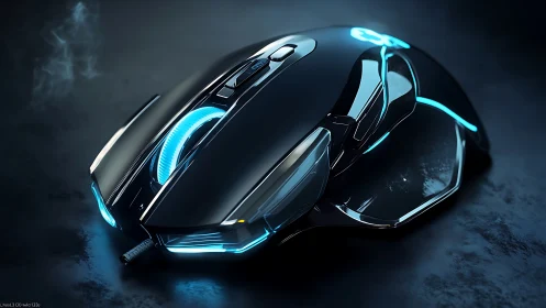 Futuristic gaming mouse with blue LED lighting on dark surface.