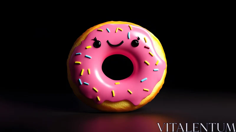 Cute smiling pink frosted donut with sprinkles in cartoon style.