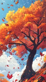 Tall deciduous tree shows orange foliage and falling leaves