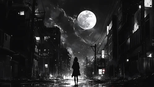 Solitary silhouette studies a full moon above ruined city street
