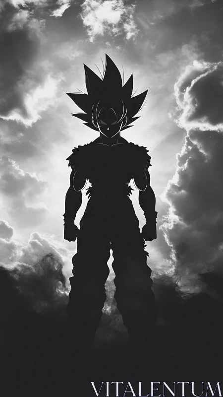 Silhouetted spiky-haired figure before backlit storm clouds.