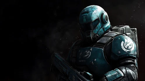 Armored sci fi soldier in teal combat exosuit stands ready.