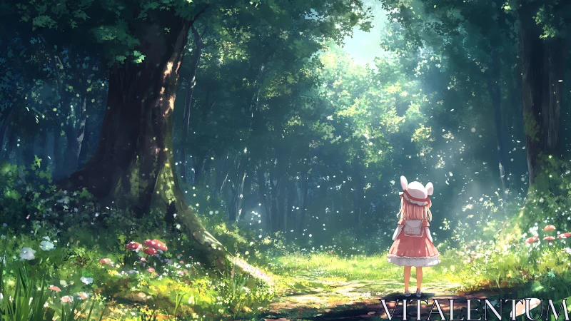 Sunlit forest path pauses beneath a small wanderer’s wonder