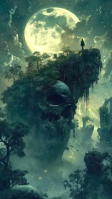 Moonlit wanderer atop the misty skull island forest.