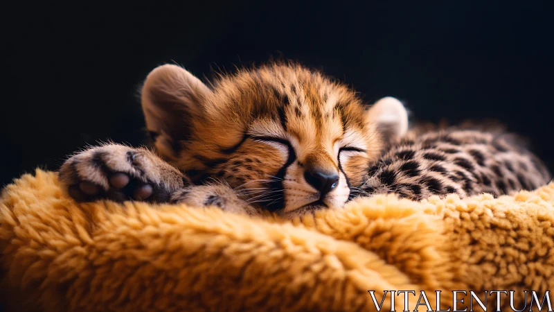 Drowsy cheetah cub napping in a golden plush cradle.