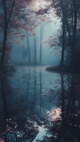 Misty Forest Waterway with Blossoming Trees and Atmospheric Reflection