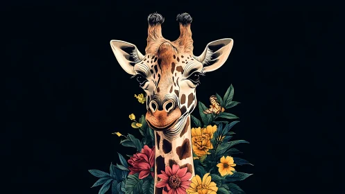 Stylized giraffe portrait with vivid tropical florals.