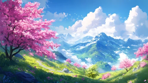 Springtime daydreams over blooming pink mountain hills.