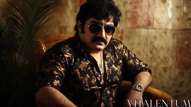 Confident man in gold patterned shirt sits in warm moody light