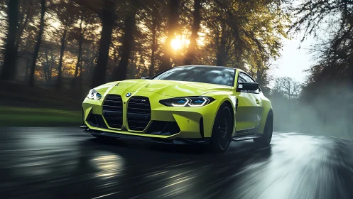 Photorealistic lime BMW coupe on wet forest road at speed.
