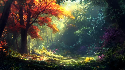 Forest landscape with autumn foliage and water reflection.