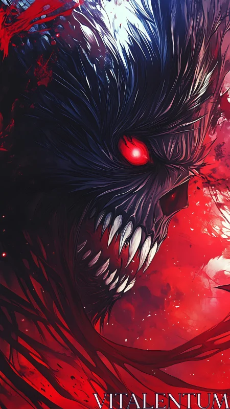 Demonic wolf scream over blood-red abstract void.