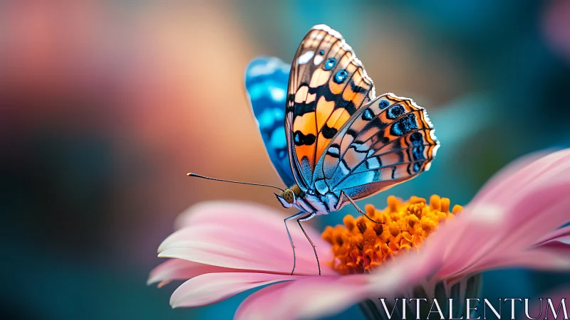 Chromatic butterfly pauses mid-bloom on a pastel sunrise