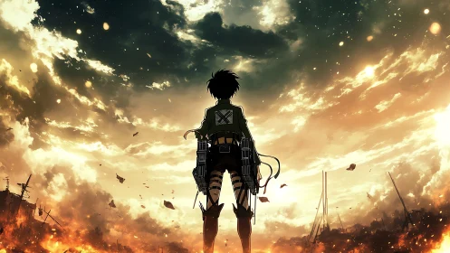 Lone anime hero stands firm beneath a blazing, stormy sky.