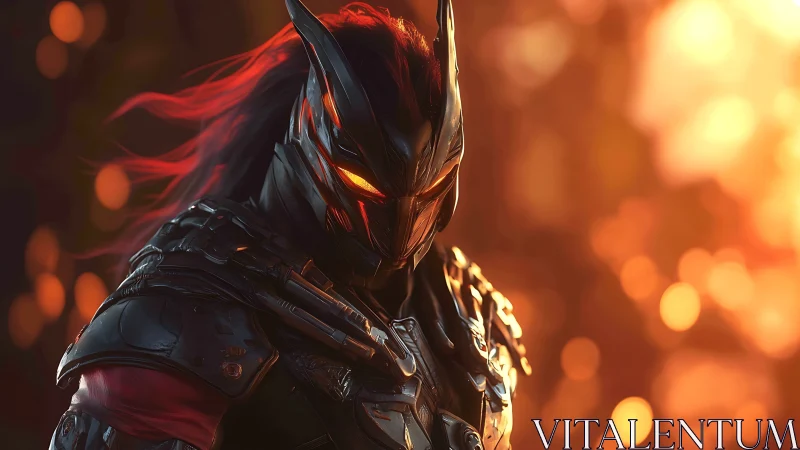 Armored cyber-knight with ember-lit visor in molten dusk.