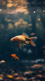 Goldfish in clear water with dark aquatic background.