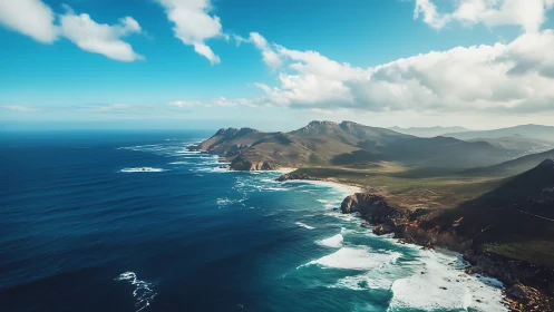 Dramatic coastal mountains meet deep blue ocean horizon.