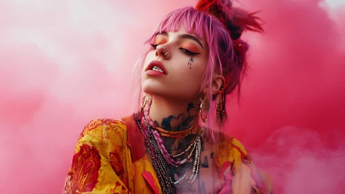 Photorealistic neon portrait with pink vapor field composition.