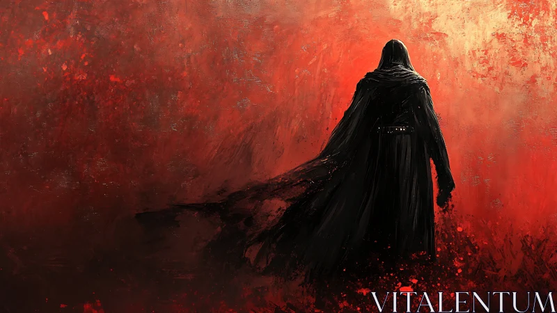 Hooded dark figure against blazing abstract red field.