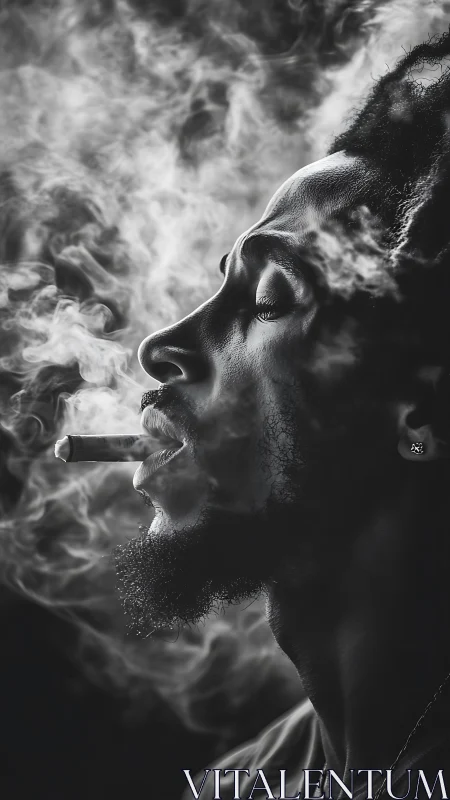 Black and white side profile portrait of man smoking cigar.