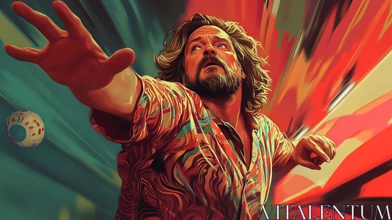 Man lunges through swirling neon streaks in bold motion.