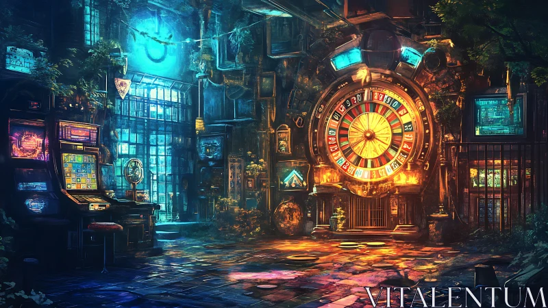 Cybernetic roulette atrium with neon casino decay dynamics.