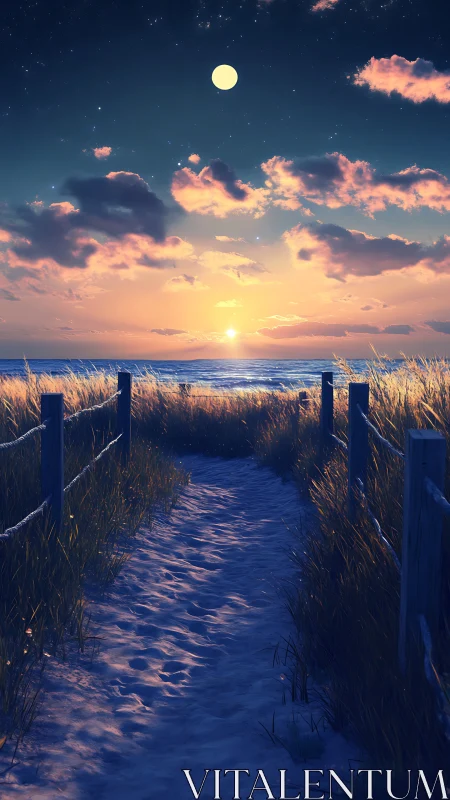 Moonlit dune path toward glowing ocean sunset horizon.