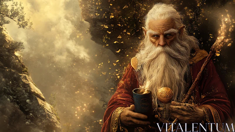 Arcane elder with chalice, staff and particulate embers.