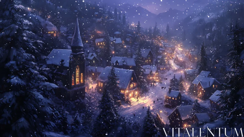 Snowy alpine village aglow with warm winter lights at dusk.