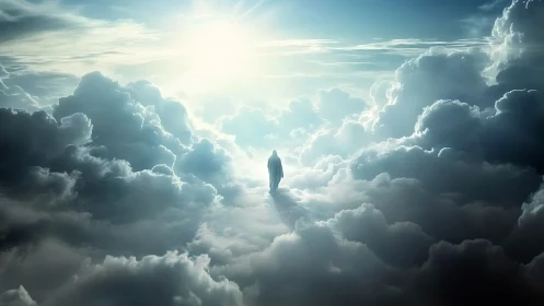 Lone robed figure ascends through radiant sunlit clouds.