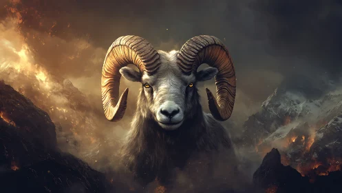 Majestic ram emerges from fiery storm over dark mountains