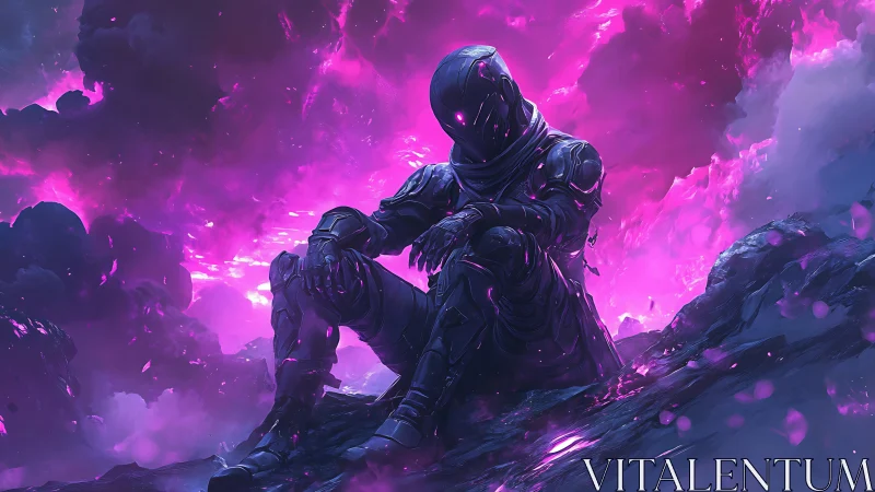 Solitary armored figure in vivid cosmic nebula glow.