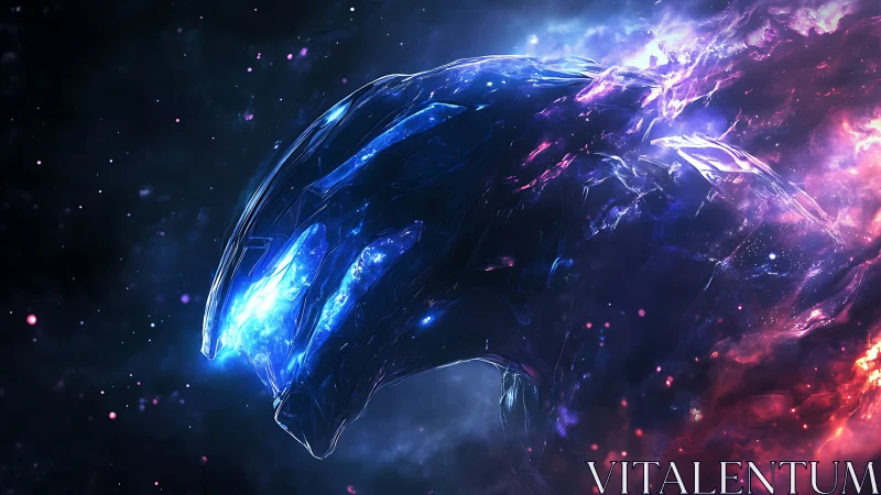 Cosmic armored voyager drifting through glowing stardust.