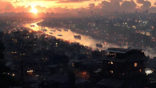 Sunset river cutting through dense shantytown and distant city