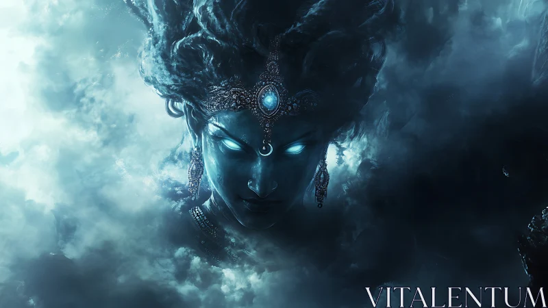 Mystical blue goddess face emerging from dense storm clouds.