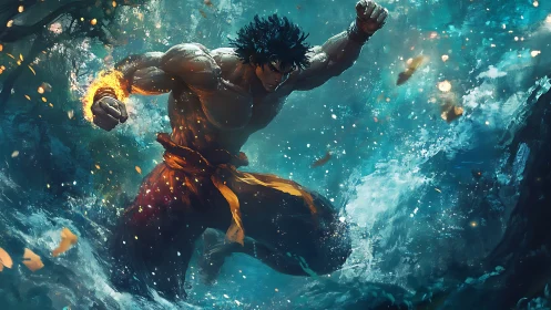 Muscular warrior punches through turbulent water storm.